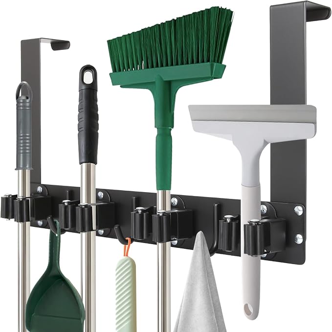 Over The Door Broom and Mop Holder, Heavy Duty Stainless Steel Organizer with 4 Slots and 3 Hooks, No Drilling Space Saving Tool Hanger for Kitchen, Laundry Room, Closet, and Garage - Black