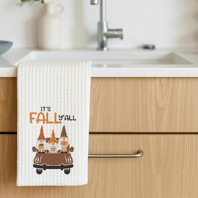Fall Garden Gnome Kitchen Towels Decor Gifts for Home,It's Fall Y'all Tea Towel Baking Cooking Drying Cloth for Kitchen,Flour Sack Dish Towels,Farmehouse Decoration for Thanksgiving