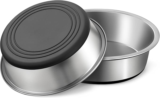 WROSWT Stainless Steel Dog Bowls Set of 2, Anti Rust Metal & Non Slip Rubber Base, Heavy Duty Large Feeding Dishes, Food Grade BPA Free, Food and Water Bowl for Small Dogs (17oz, 2.1cup)
