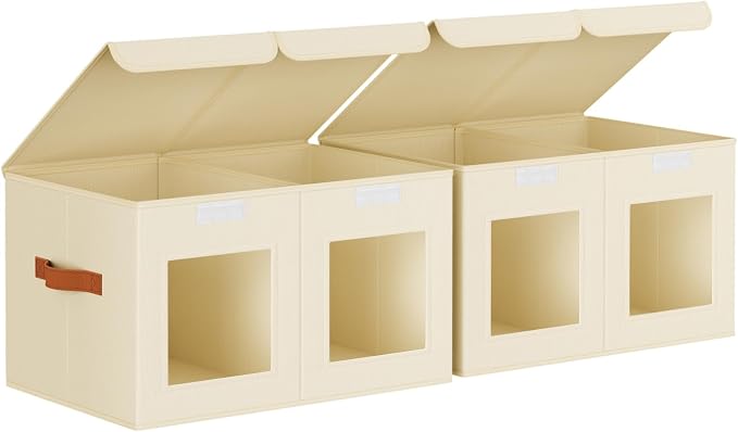 Homsorout Large Closet Storage Bins - Collapsible Divided Clothes Organizer with Lids & Dual Window, Fabric Organizing Bins for Clothes, Sweater, Bedroom, Office (Beige, 2 Pack)