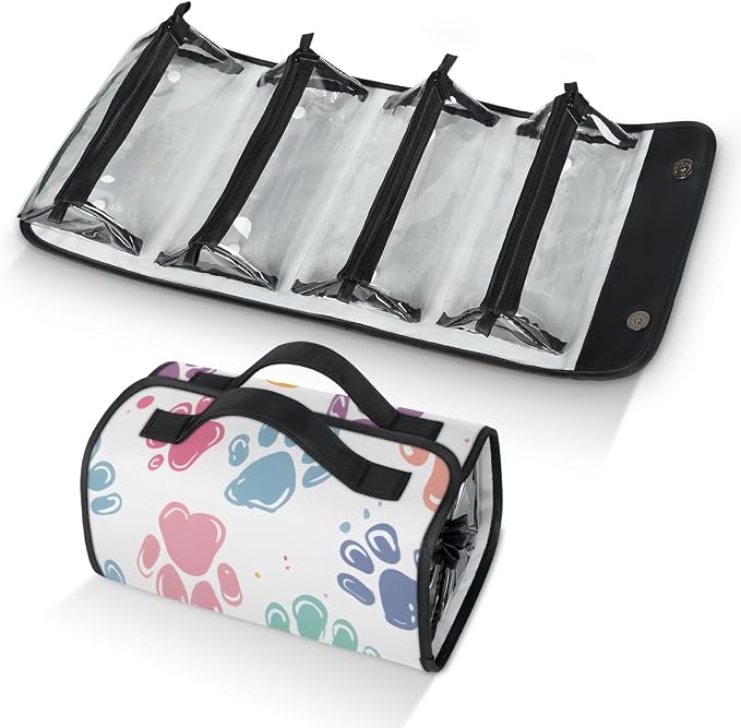 Cute Colorful Cat Paws Makeup Bag for Women Hanging Roll-Up Travel Organizer Toiletry Kit with 4 Removable Compartments, Pet Animals