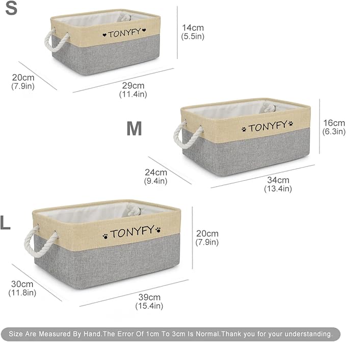 Pet Toy Storage Box Dog Toy Organizer Basket Personalized Large Capacity Collapsible Bin Two-Tone Linen Chest with Sturdy Handles for Living Room Pet Supplies Organizing (Beige Gray L)