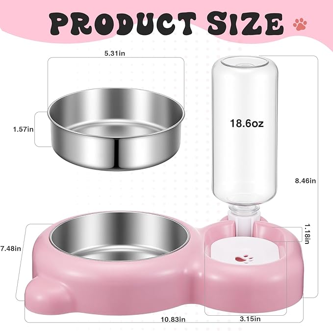Pink Cat Food and Water Bowl and Non-Slip Silicone Mat Set Stainless Steel Food Bowl with 18.6oz Large Capacity Water Dispenser for Cats and Small Dogs