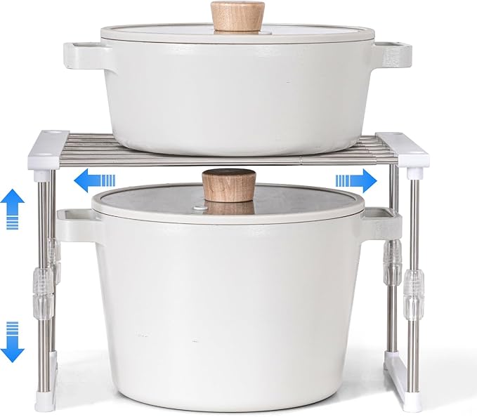 carrotez Set of 1 Expandable Cabinet Organizer 11.8~19.6 x 7.8 x 6~9 White | Width & Height-adjustable Kitchen Cabinet Organizer Shelf, Stackable Kitchen Counter Shelf