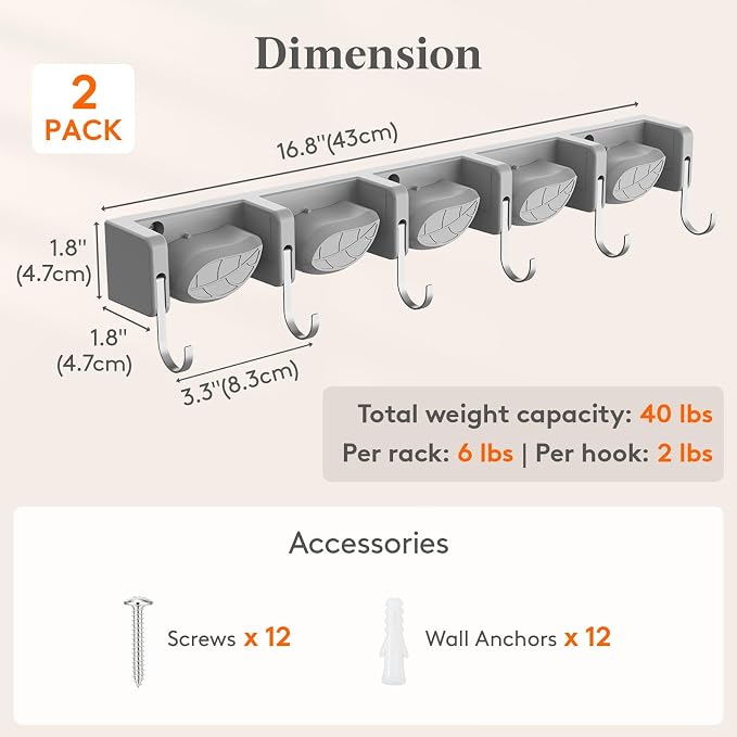 Lifewit Mop and Broom Holder Organizer Wall Mount Non-Slip, 2 Pack, Gray | Easy Install One Handed Push Cleaning Tool Hanger with 6 Hooks 5 Slots, Heavy Duty Hanging Utility Rack for Garden, Garage