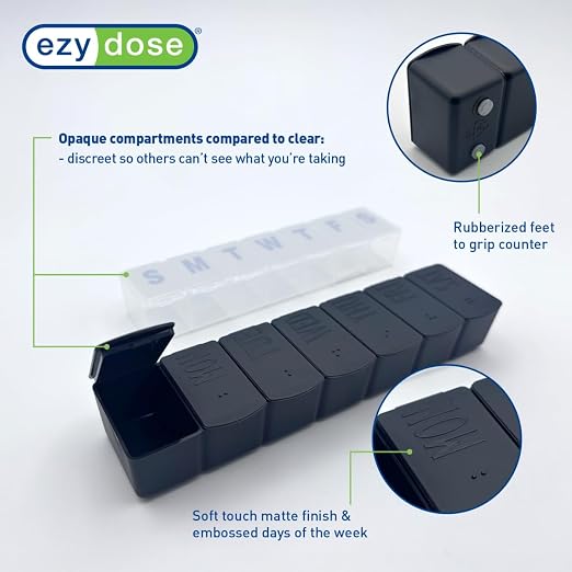 Ezy Dose Weekly (7-Day) Pill Organizer, Medicine Planner, Black & Cream | Daily Vitamin & Supplement Medicine Case, Pop Up Compartments, Embossed Matte Design, Travel-Friendly, BPA-Free, 2-Pack