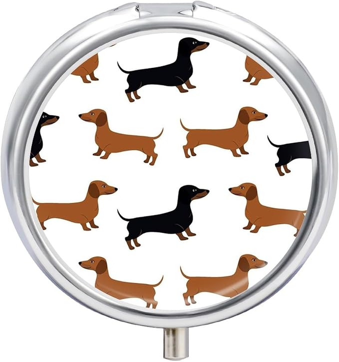 3 Compartment Round Pill Box Portable Metal Travel Pill Organizer | Dachshund Weiner Pet Dogs Pill Case to Hold Vitamins, Medication, Fish Oil and Supplements, Ideal for Purse & Pocket