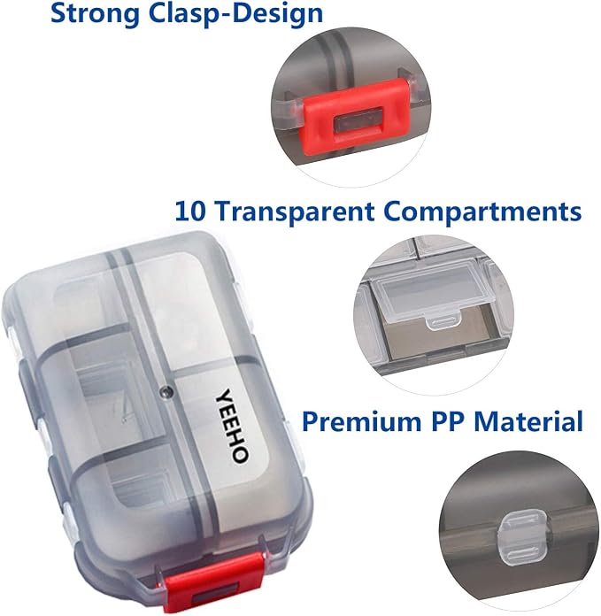 Pill Case - Portable Supplements Tablet Container Box with 10 Compartments - Medicine Capsule Vitamin Foldable Organizer Dispenser Holder Storage for Travel Trip Pocket Purse - Clear Black
