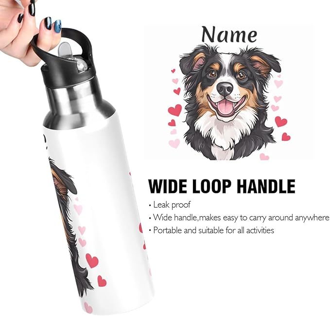 Custom Name Bernese Dog Hearts Water Bottle with Straw Lid Kids Insulated Stainless Steel Water Flask Sports, 20 Oz Hot Cold