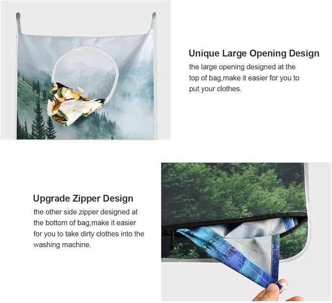 1PC Hanging Laundry Hamper Bag Over the Door Laundry Hamper Wall Hamper Large Dirty Clothes Hamper with Stainless Steel Hooks 29.5x20Inch Foggy Green Mountains and Trees