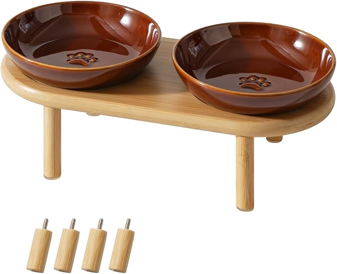 Havniva Elevated Cat Bowls, Ceramic Cat Bowl with Bamboo Stand Wide Opening | 5.7” Raised Cat Food Bowls, Whisker Friendly Cat Dish, Anti-Slip Cat Water Bowls, Shallow Cat Bowls, Cat Food & Water Bowl