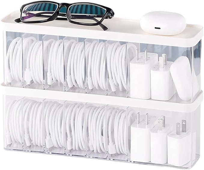 Charger Cable Cord Storage Organizer Box - Easy Storage Without Cable Ties | Stackable,with Lid,Dust-Proof,Space Saving,6 Standard Space and 1 Larger Space,for Home Office Desk Accessories Supplies