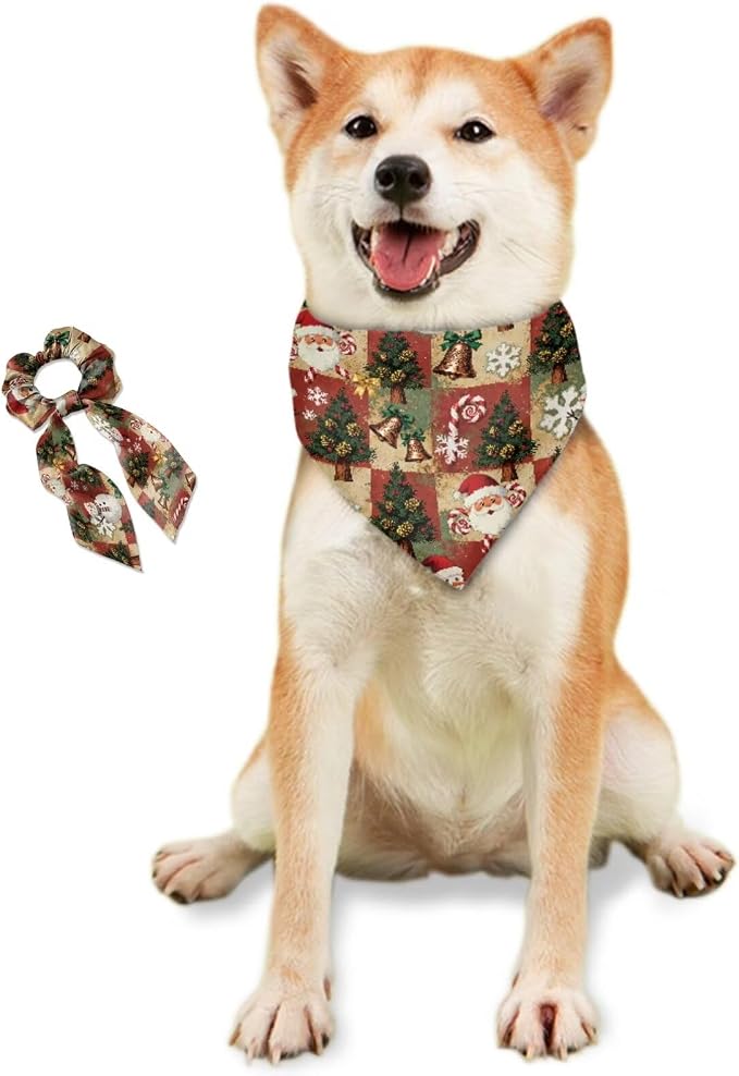 COEQINE Dog Mom Bandanas Tree Bell Santa Plaid Bandana for Pet with Hair Tie Storage Set 2 Pcs Pet and Owner Matching Outfits for Holiday Christmas Birthday Decor