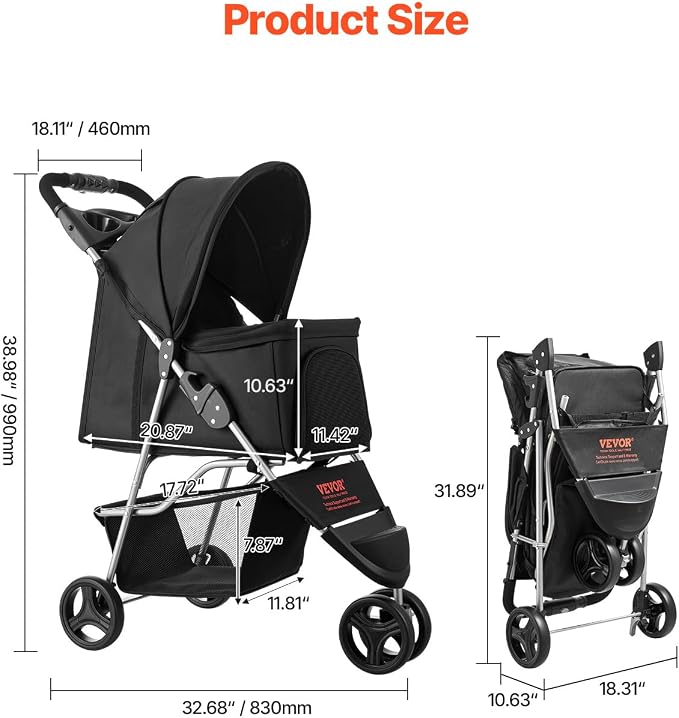 VEVOR Pet Stroller, 35 lbs Weight Capacity, Foldable Dog Cart, 3 Wheels Cats Carts with Mesh Windows and Cup Holders, Portable Pet Carrier Stroller with Brake, for Small to Medium Pets