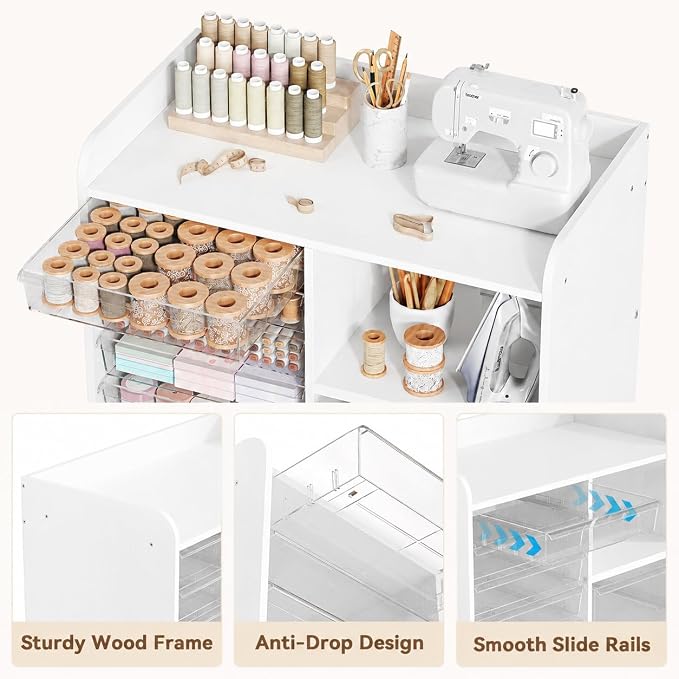 12-Drawer Storage Cabinet with Wooden Top and Open Shelf, White | Storage Furniture System with PET Clear Drawers, Lockable Wheels, for Craft Room, Makeup Vanity, Kids & Home Organization