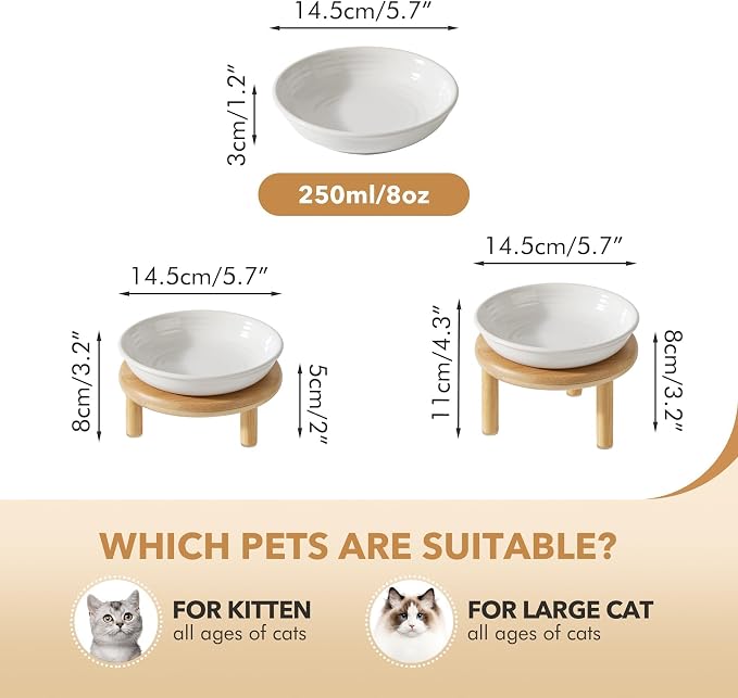Havniva Elevated Cat Bowls, Ceramic Cat Bowl with Bamboo Stand Wide Opening | 5.7” Raised Cat Food Bowls, Whisker Friendly Cat Dish, Anti-Slip Cat Water Bowls, Shallow Cat Bowls, Cat Food & Water Bowl