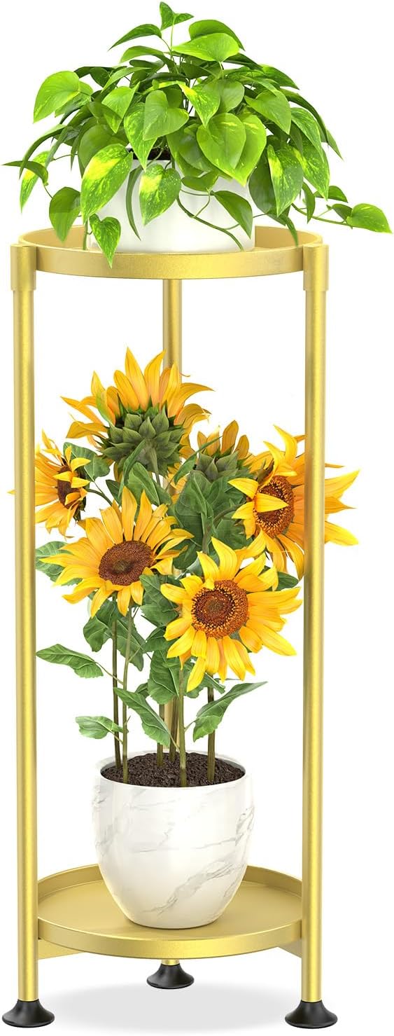 KMOTASUO 2 Tier Metal Plant Stand Tall for Indoor Outdoor Corner, Gold | Heavy Duty Flower Holder Rack, Modern Vertical Iron Shelf for Patio Bathroom Office Garden