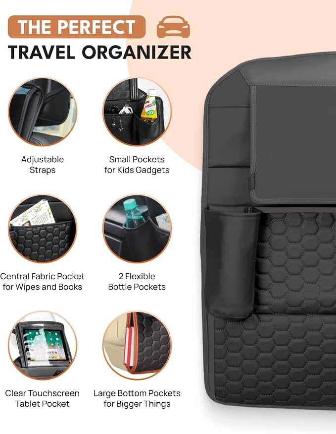 Owleys Back Seat Organizer for Kids with Tablet Holder, 8 Pockets, Black | Hanging faux leather car backseat organizer with a clear tablet pocket. Doubles as a kick mat. Needs removable headrests.