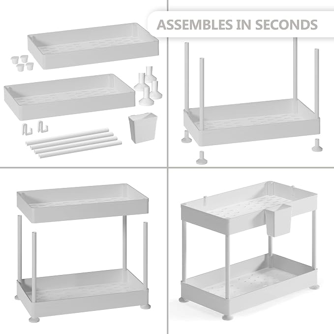 Under Sink Organizers and Storage | Bathroom Cabinet Organizer, Sink Shelf with Utility Hooks and Side Caddy for Under Cabinet Storage | Non Slip Grip Under Kitchen Sink Organizer, White (1-Pack)