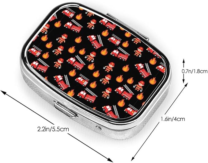 Square Pill Case 2-Compartment Medicine Organizer Portable Tablet Holder Travel Gym Office Use, Cute Cartoon Firefighter Red Fire Truck