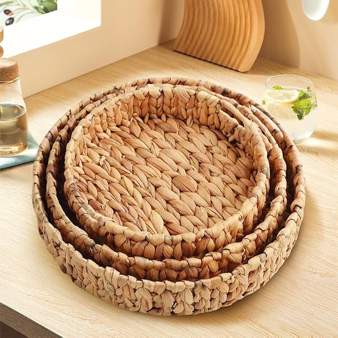 Wicker Storage Baskets Set of 3 Round 15'' x 15'' x 3'' | Hand-Woven Natural Water Hyacinth Storage Baskets Stackable Pantry Organizers and Storage for Shelves Bathroom Kitchen