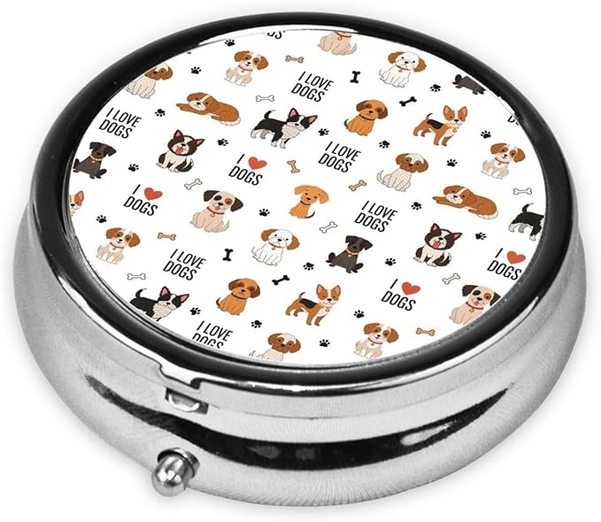 Small Pill Organizer, Round Metal Dispenser, Portable Case for Fish Oil, Travel Pill Box Purse Essential, Cute Doodle Pets Dog Print