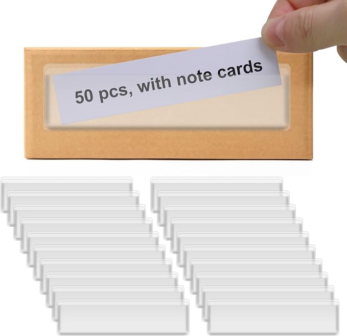 Label Holders Adhesive Shelf Tags - Fushing 50Pcs Clear Plastic Labels for Storage Bins with Name Label Badge Inserts, Removable Adhesive Pockets for Shelf Mailbox Binders Drawers Cabinets Organizer