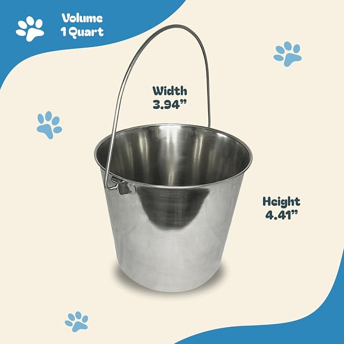Advance Pet Products 1 Quart Heavy Duty Stainless Steel Round Bucket | Durable Food & Water Pail for Dogs, Cats, Kennels, Cages and Critter Crates | Multi-Purpose Bucket
