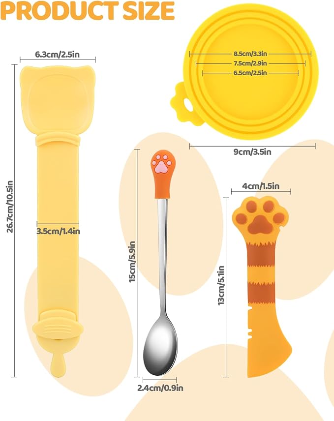 5 PCS Cat Food Can Covers Lids Set, Silicone Pet Food Can Lids with Multi-Function Cat Food Spoon and Opener, Cat Bar Squeezer, Stainless Steel Wet Food Spoon for Cats and Dogs(Yellow)