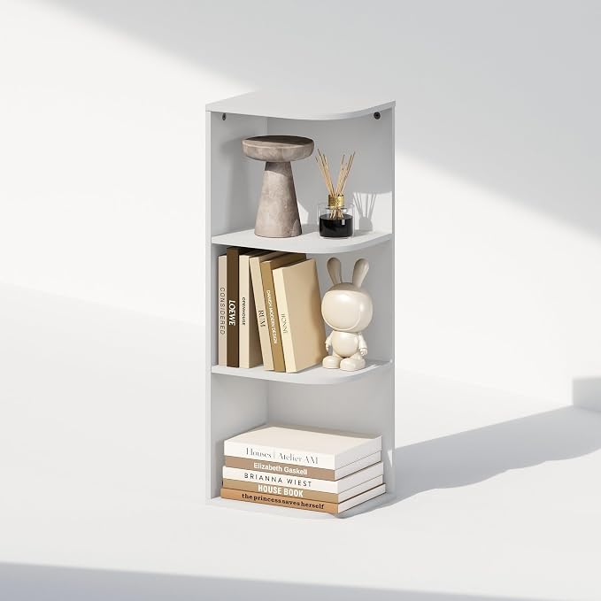 Furinno Reed Corner Shelf, 3-Tier Corner Bookshelf, Book Shelf, Corner Shelves, Storage Rack, for Organization and Storage, Home Office, Living Room, White