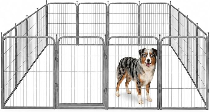 Dog Play Pen for Outdoor Use - 32'', 16 Panels for Small and Medium Size Dogs - Portable Playpen Pet Fence for RV, Camping, and Yard - Heavy Duty Kennel w/Grey Rust Resistant Coating