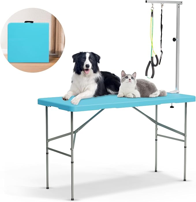 PKNYBZN 47'' Foldable Dog Grooming Table with Arm | Heavy Duty Pet Grooming Table for Dogs at Home with Adjustable Arm & Noose, Stainless Steel Professional Dog Show Blue