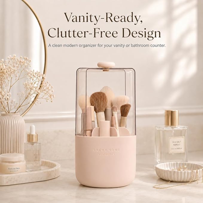EACHY Makeup Brush Holder with Lid, 360° Rotating Vanity Organizer for Brushes, Dustproof Cosmetic Display Case, 7 Compartments, Waterproof Plastic (Pink)