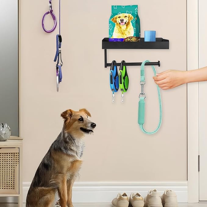 Picowe Dog Leash Holder for Wall, Metal and Wood Dog Leash Hooks,Easy Install Pet Stuff Storage Shelf Storage for Leashes,Collar, Toys, Treats, Poop Bag (By Screws)