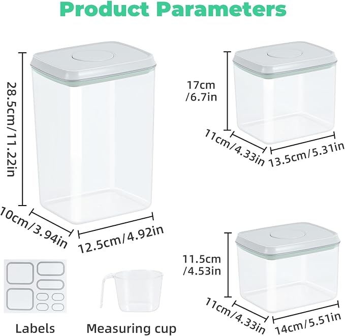 3 Pack Pasta Sugar Storage Containers with Pop-up Lid 1.26 + 2.11 + 3.48 Qt | Airtight Food Storage Container for Flour, Rice, Spaghetti, Nuts, Snack, Candy, Dog Treat, Kitchen Pantry Organization