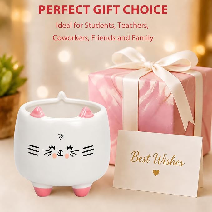 Ceramic Cat Shaped Pen Pencil Holder for Desk Decoration Accessories Cat Decor Makeup Brush Pen Cups Office School Ideal Gifts for Women, Mom or Birthdays