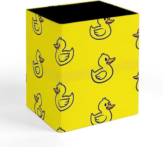 Pen Pencil Holder, Cute Funny Yellow Rubber Duck Pen Container Box Stationery Organizer Case Pu Leather Makeup Brush Holder Office Supplies for Desktop
