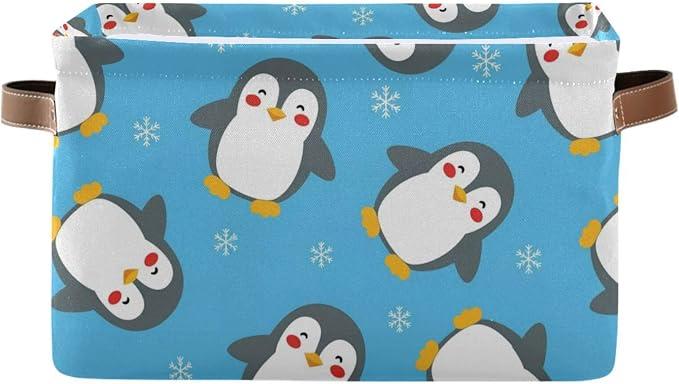 Christmas Snow Penguin Blue Print Rectangular Storage Bin Basket with Handles - Organizer Bins Laundry Storage Basket for Pets Room Books Closet