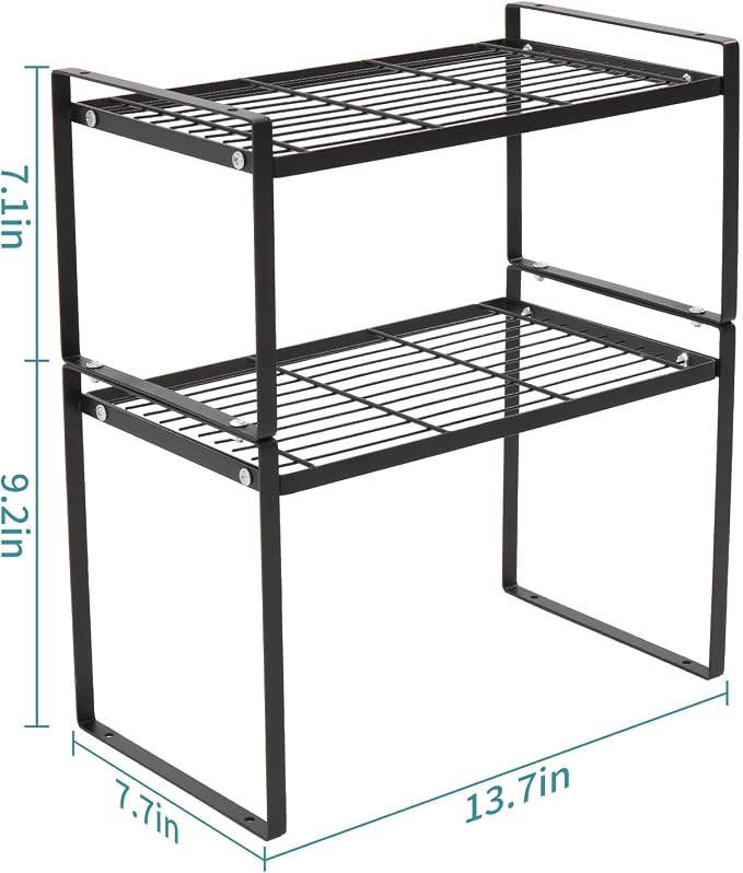 MiaLi Cabinet Organizer Shelf, Set of 2 Metal Counter Shelves Spice Rack, Stackable Kitchen Bathroom Organizers and Storage, Black