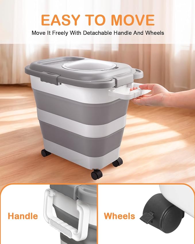 25-28Lbs Dog Food Storage Container Airtight,Collapsible Pet Food Storage | Dog Food Container with Handle,Wheels,Double Airtight Seal Fresh,Save Space,Pest/Mouse-proof,Small Cat Food Container,Scoop