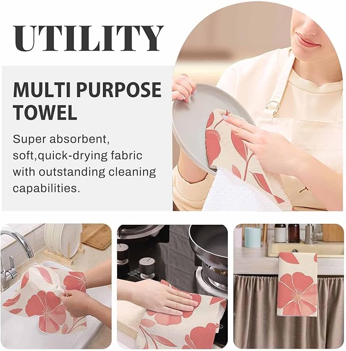 Red Floral Kitchen Towels Blossom Flowers Soft and Super Absorbent Dish Towels 2 Pack 16 X 24 Inches