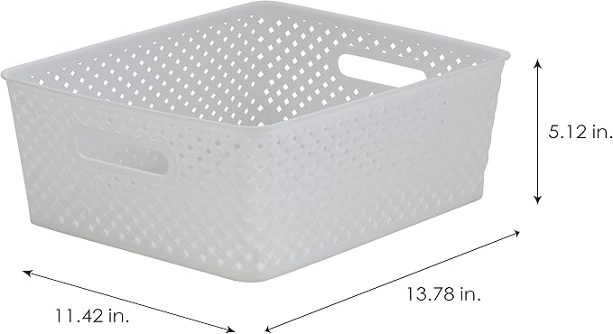 Simplify Medium Resin Wicker Tote | Storage Bin | Plastic Organizer | Carrying Handles | Bathroom | Pantry | Accessories | Cleaning Products | White