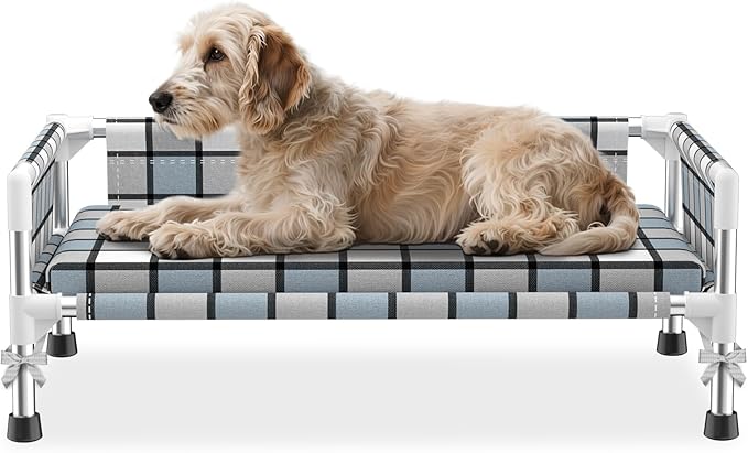 Elevated Dog Bed with with Guardrail & Cushion, Raised 3-Fence Dog Bed | Breathable Lifted Stainless Steel Frame Dog Hammock Bed with Mat for Medium Pets, Cooling Washable Dog Cot