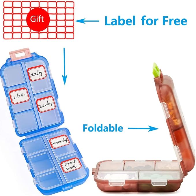 Pill Case (2 Pack) - Portable Small Supplements Tablet Container Box with 10 Compartments - Medicine Vitamin Organizer Dispenser Holder Storage for Travel Trip Pocket Purse(Blue+White)