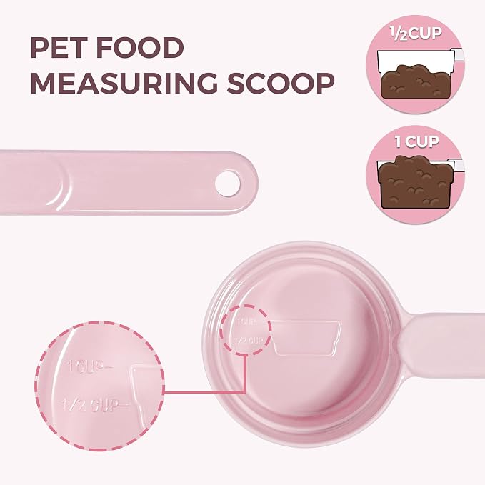 Melamine Pet Food Scoop, Cat Food Measuring Cups, Comfortable Long Handle Scoop for Dog, Cat, Ferret and Rabbit Food, 1 Cup Size Pet Food Feeding Scoop Dishwasher Safe (Pink | Pet Food Scooper, One-Cup Portion Measure, Long Handle, Dry Kibble, For Feed...