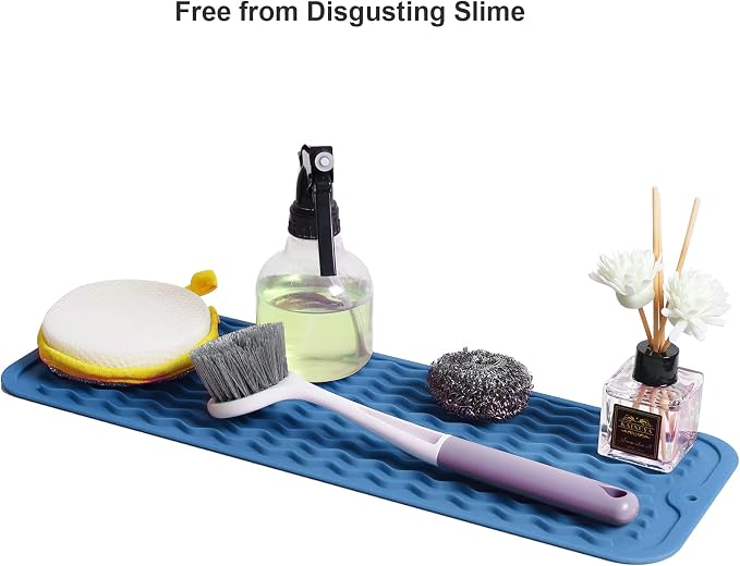 ZLR Small Dish Drying Mat for Kitchen Counter, 6"x17", Lichen Blue | Narrow Silicone Drainer for Apartment, Dorm & RV, Wavy Ridges Quick-Dry, Non-Slip, Rolls Up, Dishwasher Safe