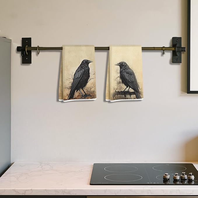 Hanamiya Na 2Pcs Vintage Raven Kitchen Towels, Dark Aesthetic Decorative Absorbent Microfiber Dish Cloth Tea Towel, Durable Hand Towels for Farmhouse Home Bathroom Kitchen, Crow Gifts