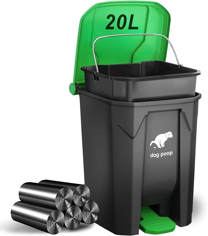 Dog Poop Trash Can Outside 20L/5Gal Large Outdoor Trash Can with Lid Green | Outdoor Dog Poop Trash Can with 100 Bags, Pedal and Removable Inner Bin, Odor Control, Suitable for All Types of Dogs