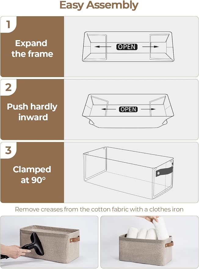 StorageWorks Narrow Storage Bins, Long Baskets, Brown and Beige, 2-Pack | With Metal Frame, Sturdy Structure, PU Handles, Toilet Paper Storage, Small Storage Bins, For Bathroom, Closet, Shelf