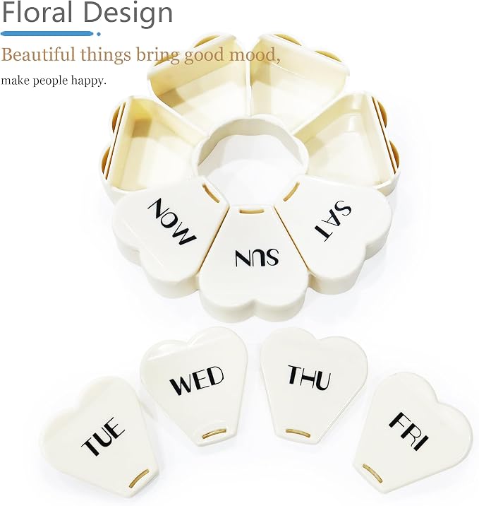 MOLN HYMY Large Weekly Pill Box 7 Day, Cute Pill Case Organizer 1 time a Day, Floral Pill Container Once Daily, Pretty Medicine Dispenser for Vitamin/Fish Oil/Medication/Supplements (Milky White)